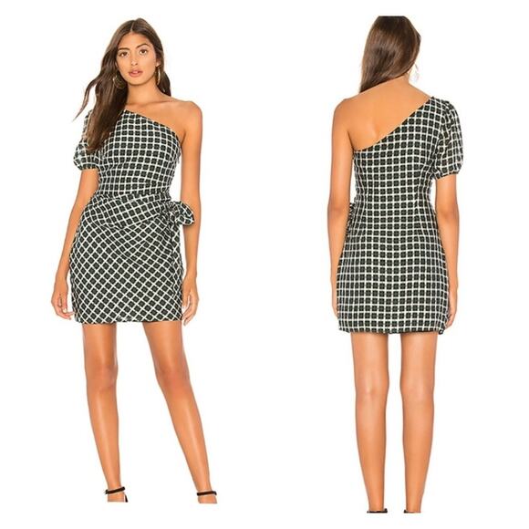 Tularosa Dresses & Skirts - Tularosa Skylar One Shoulder Side Tie Mini Dress M Tinsel Green Plaid